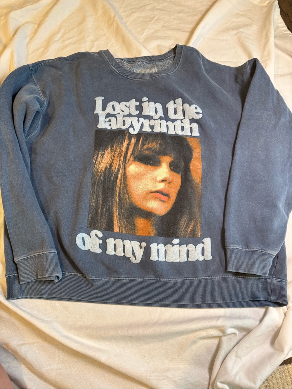 Taylor Swift Vintage Photo Graphic Sweatshirt - Blue with Cream Text